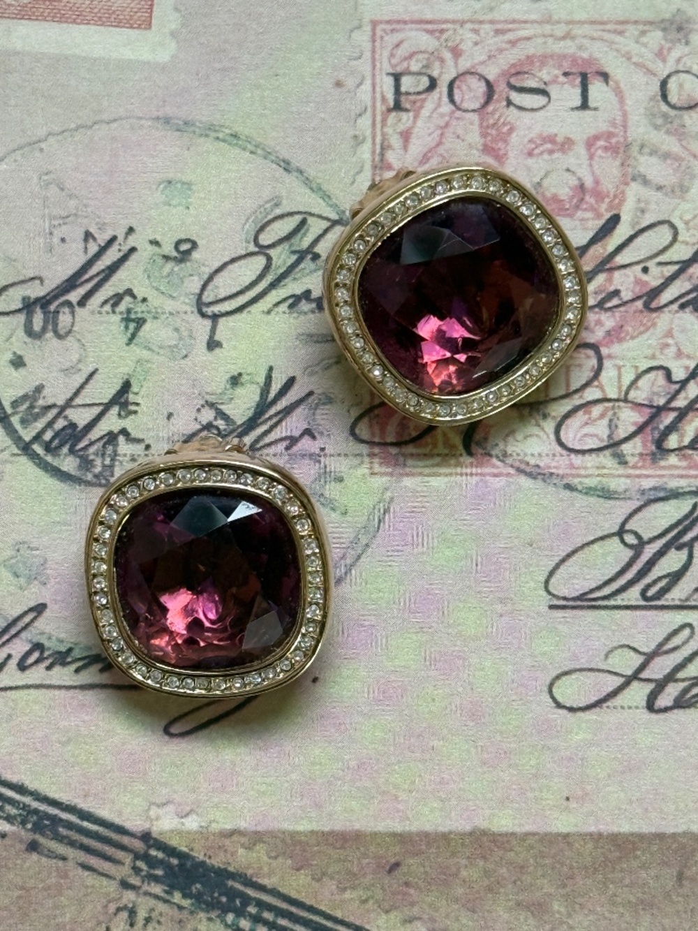 VINTAGE SWAROVSKI Square Purple Crystal Halo Clip Earrings